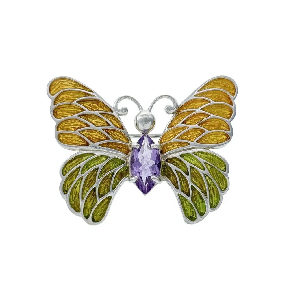 Vintage Sterling Silver 925 Amethyst Enamel Butterfly Brooch